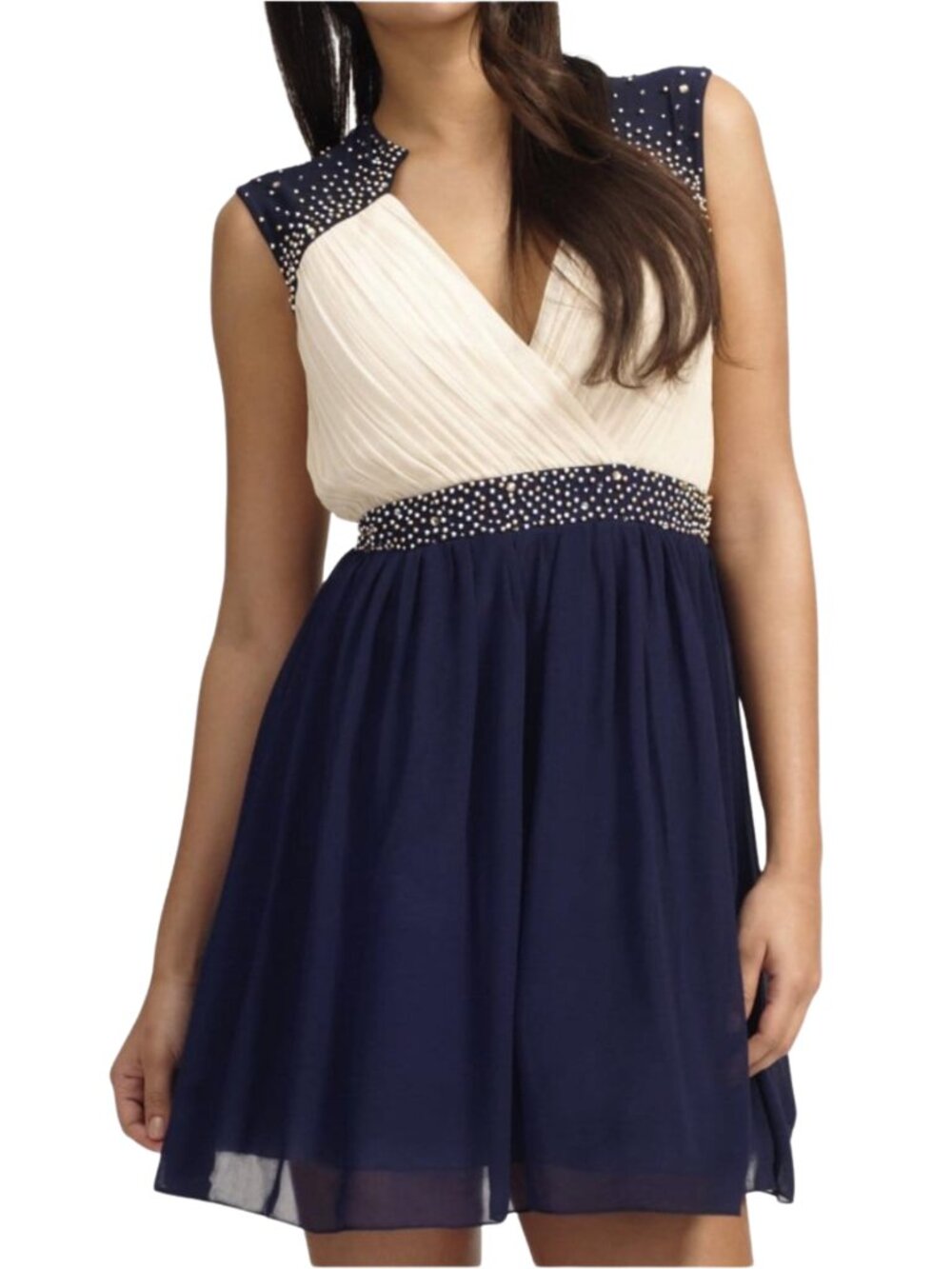 Little Mistress NWT Embellished Crossover Mini Halter Dress 8 Cream Navy Beads
